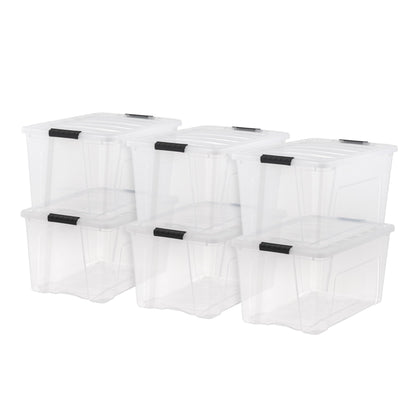 IRIS USA 13 Qt Stackable Plastic Storage Bins with Lids, 6 Pack - BPA-Free, Made in USA - Discreet Organizing Solution, Latches, Durable Nestable Containers, Secure Pull Handle - Pearl