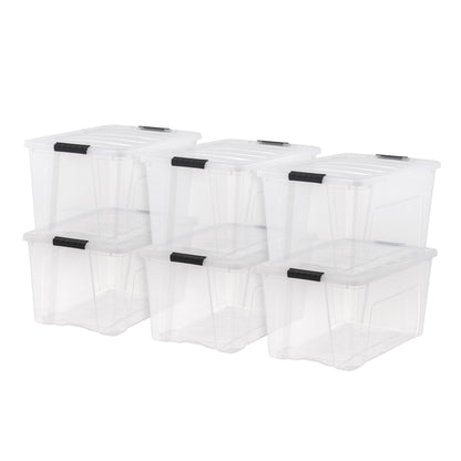 IRIS USA 13 Qt Stackable Plastic Storage Bins with Lids, 6 Pack - BPA-Free, Made in USA - Discreet Organizing Solution, Latches, Durable Nestable Containers, Secure Pull Handle - Pearl