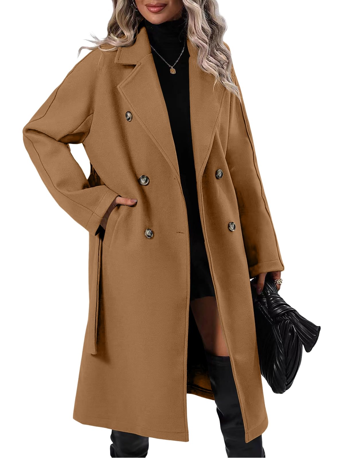 Danedvi Women Elegant Wool Pea Coat Lapel Collar Double Breasted Mid-Long Winter Overcoats with Belted Pockets