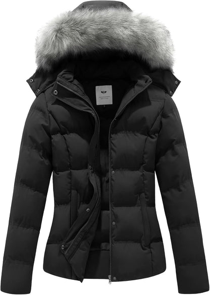 GGleaf Women's Hooded Warm Winter Coat Quilted Thicken Puffer Jacket with Removable Fur Hood