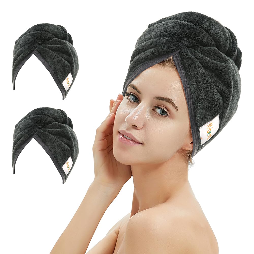 2 Pack Microfiber Hair Towel Wrap,Hair Drying Towel with Button, Towel Turban,Head Towel to Dry Hair Quickly (Pink&Beige)
