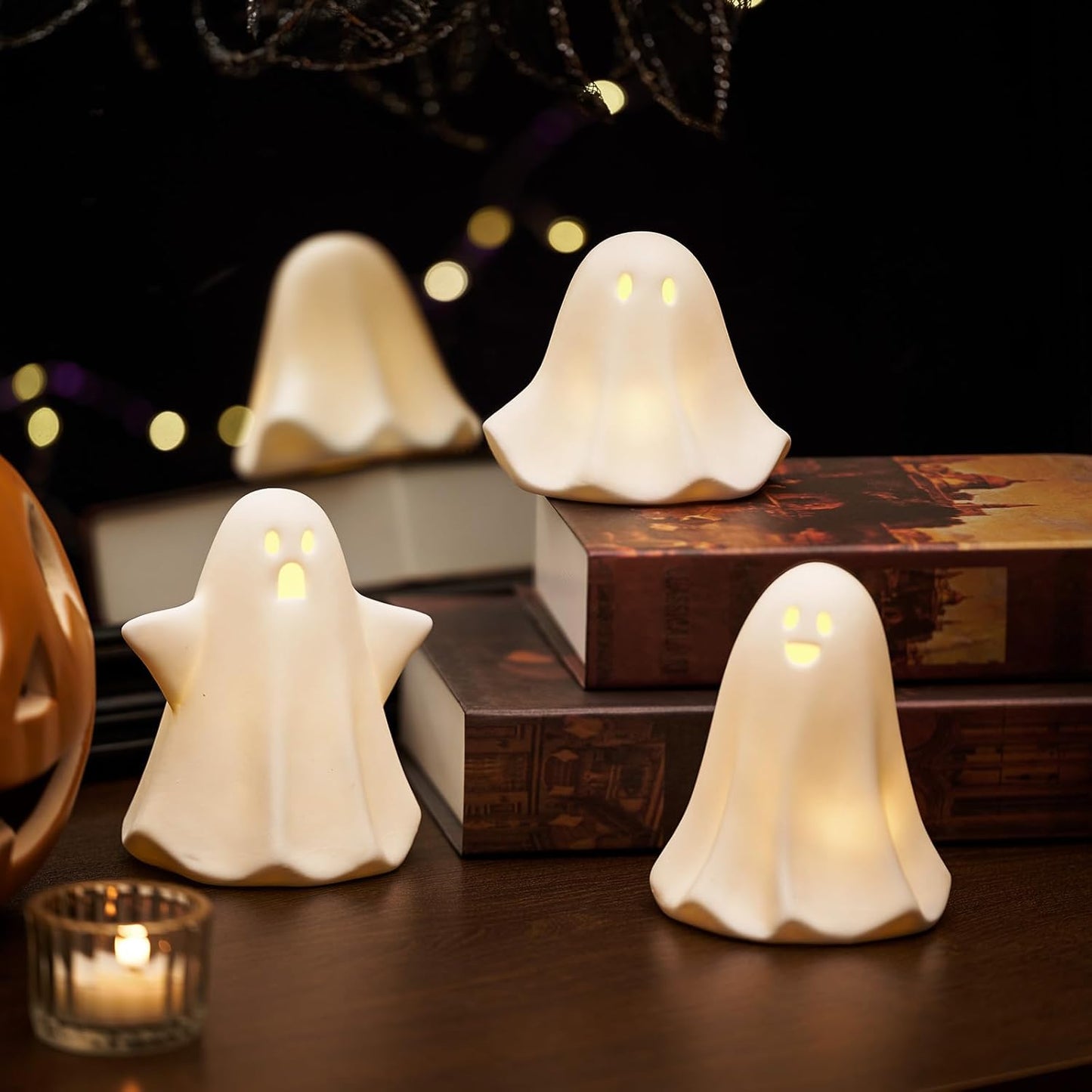 Light Up Ghost Halloween Decor, 5" Cute Halloween Decorations Indoor, 3PCS LED Ceramic Ghost for Halloween Table, Desk, Tray, Shelf, Bedroom Decor, White Spooky Decorative Ghosts Figurines