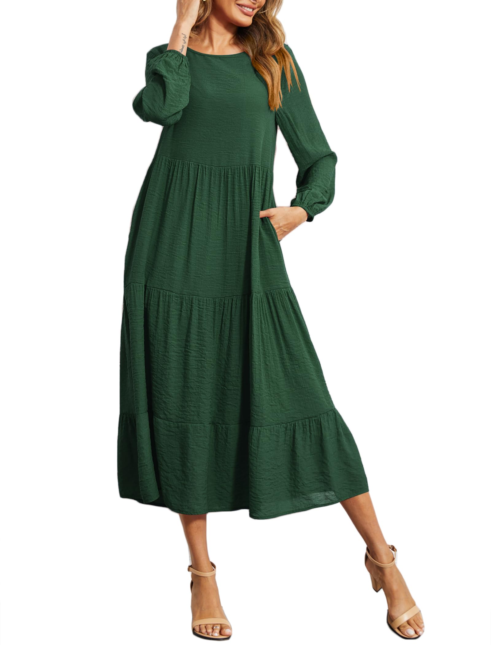 Halife Women's Summer Casual Maxi Dresses Flowy Ruffle Boho Long Dresses with Pockets