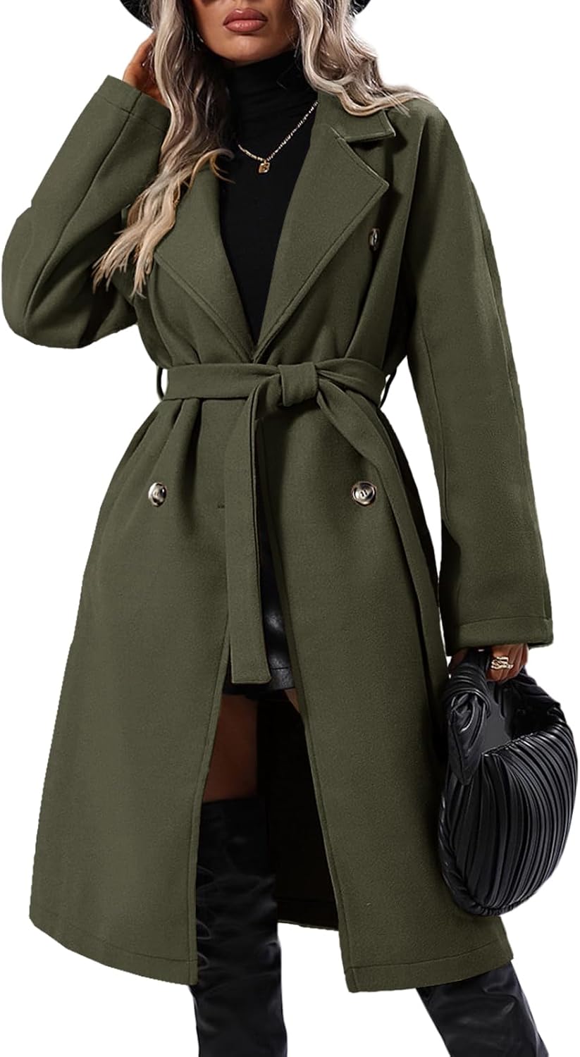 Danedvi Women Elegant Wool Pea Coat Lapel Collar Double Breasted Mid-Long Winter Overcoats with Belted Pockets