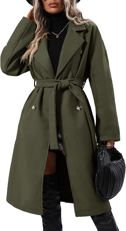 Danedvi Women Elegant Wool Pea Coat Lapel Collar Double Breasted Mid-Long Winter Overcoats with Belted Pockets