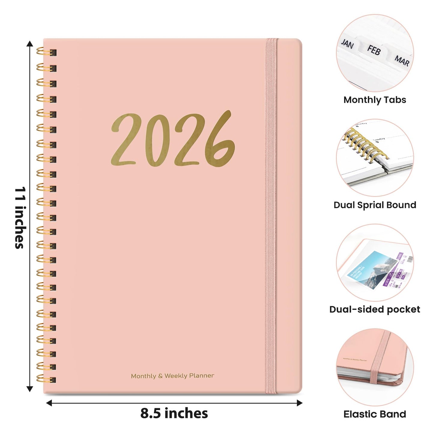 Hardcover 2026 Planner, Weekly and Monthly Calendar, Jan - Dec 2026 Planner Book with Tabs for Women, Inner Pocket, Spiral Bound, Perfect for Office/Home/School Supplies, Petals, A5, 6.3" x 8.5"