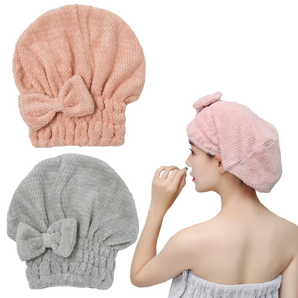 2 Pack Microfiber Hair Towel Wrap,Hair Drying Towel with Button, Towel Turban,Head Towel to Dry Hair Quickly (Pink&Beige)
