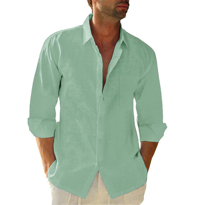 Button Down Linen Shirts for Men Casual Long Sleeve Regular Fit Cotton Beach Shirts with Pocket