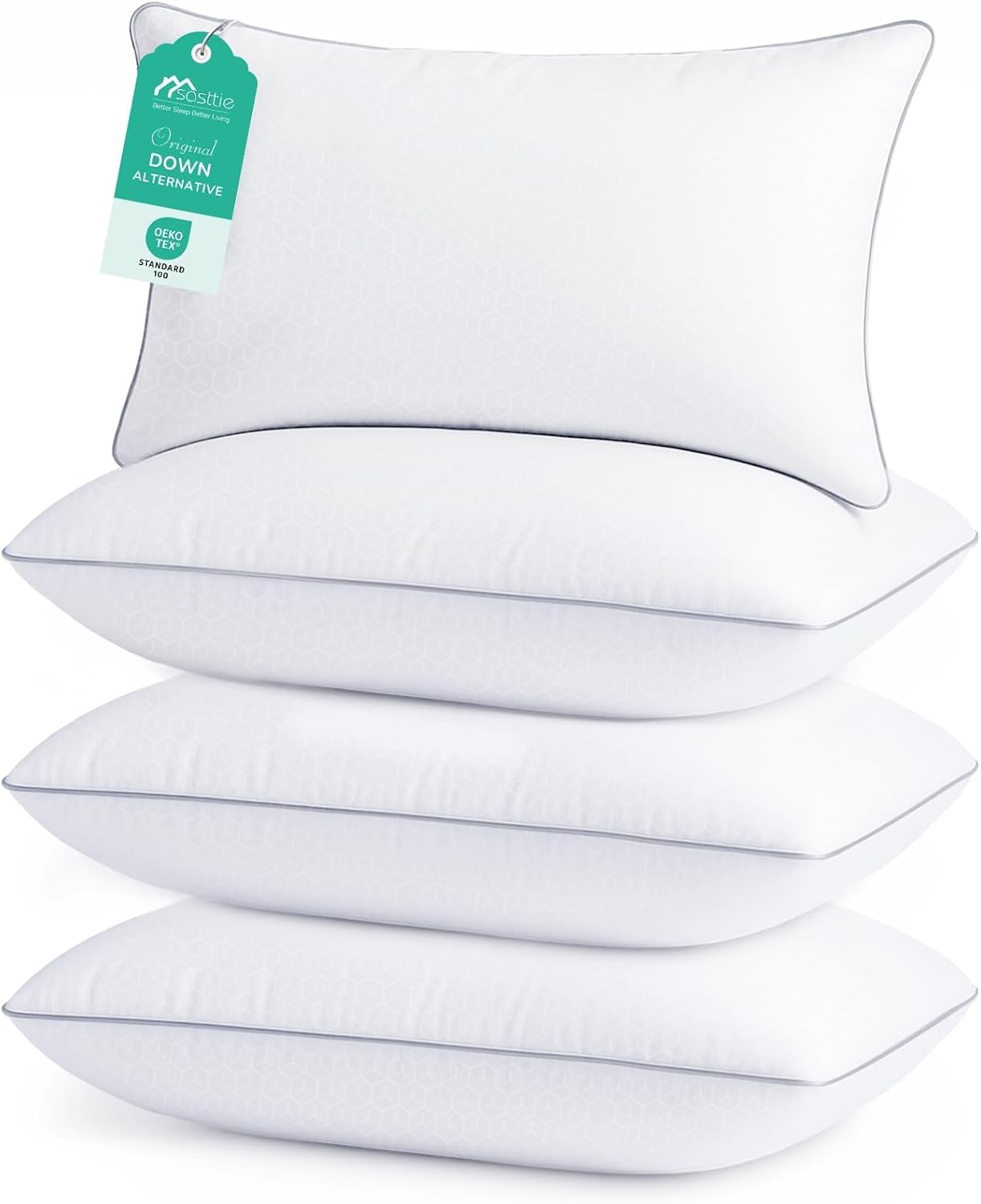 Sasttie Pillows Standard Size Set of 4, Full Size Bed Pillows for Side, Back, and Stomach Sleepers - Oeko-Tex Certified Down Alternative Plump Filling - Hotel Quality and Machine Washable, 4 Pack