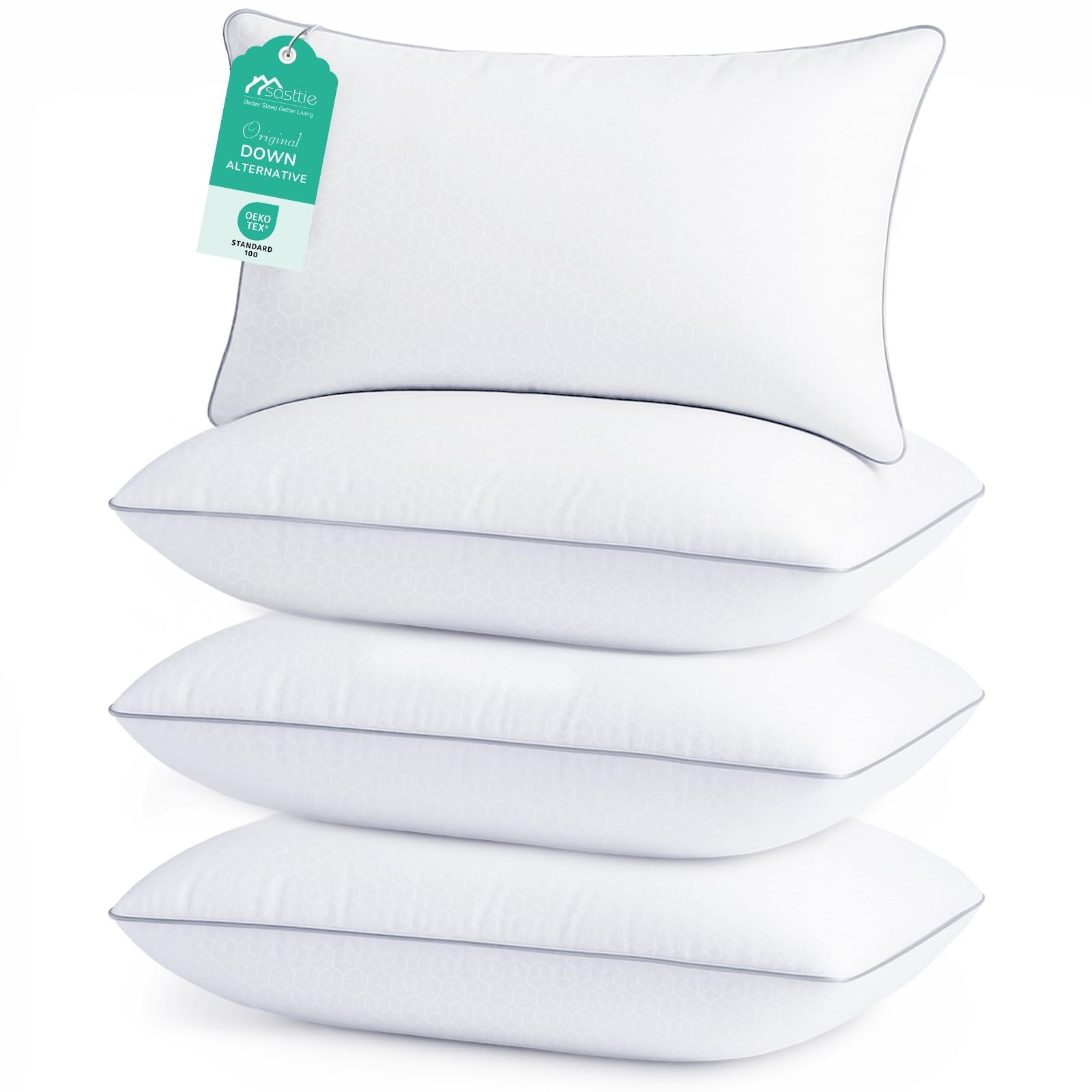Sasttie Pillows Standard Size Set of 4, Full Size Bed Pillows for Side, Back, and Stomach Sleepers - Oeko-Tex Certified Down Alternative Plump Filling - Hotel Quality and Machine Washable, 4 Pack