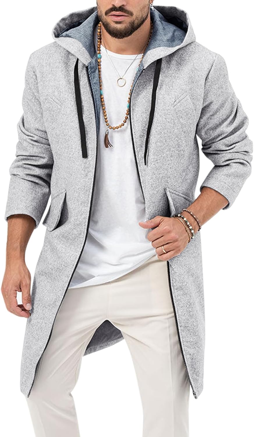 ZIWOCH Mens Trench Coat Wool Blend Hoodie Long Jacket Full Zip Winter Classic Business Overcoat
