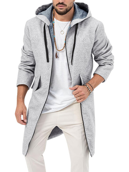 ZIWOCH Mens Trench Coat Wool Blend Hoodie Long Jacket Full Zip Winter Classic Business Overcoat