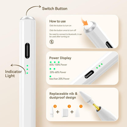Stylus Pen for iPad(2018-2025)-13 Mins Fast Charge with Tilt Sensitivity & Palm Rejection for iPad 11/10/9/8/7/6th Gen, Air 7/6/5/4/3/M3/M2, Pro 13"/12.9"/11"/M4, Mini 7/6/5th,White