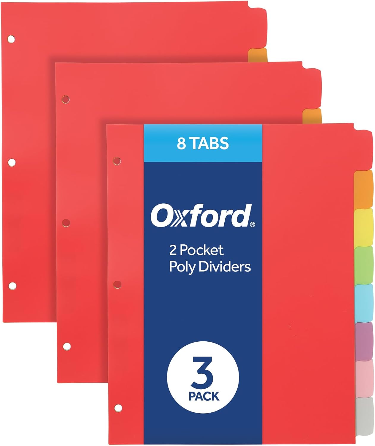 Oxford Poly Binder Dividers, 3 Hole Punch Organizers, Assorted Colors, 8 Tab Write and Erase Organizers, Durable Plastic Dividers for 3 Ring Binder, Pack of 3 Index Dividers (89994)