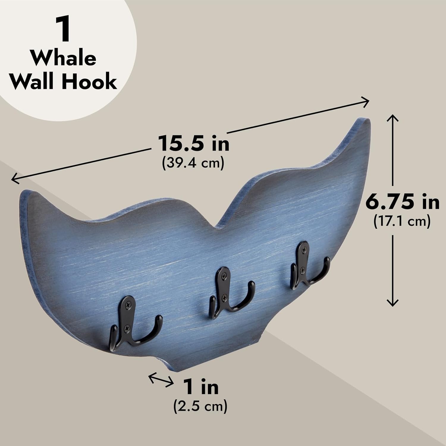 Okuna Outpost Whale Tail Wall Hook for Nursery, Nautical Ocean Wall Decor (Blue, 15.5 x 6.75 x 1 in)