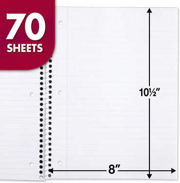 Mead Spiral Notebooks, 24 Pack, 1 Subject, Wide Ruled Paper, 7-1/2" x 10-1/2", 70 Sheets per Notebook, Color Will Vary (05510)