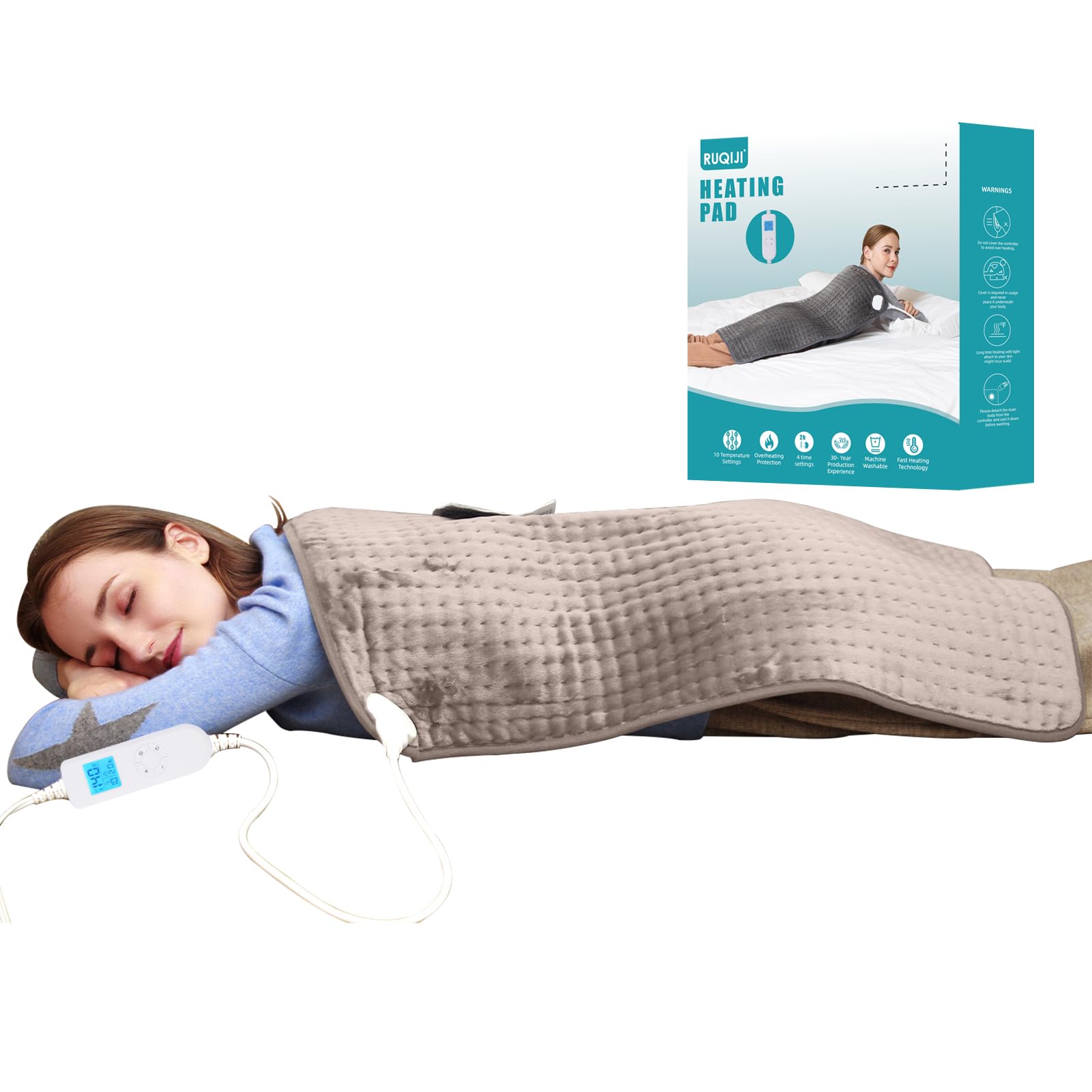 26" x 35" Flannel Neck&Shoulder&Back Heating Pad with 12 Temperature Settings&Countdown Timer, Pain Relief for Back/Neck/Shoulders/Menstrual Pain, Christmas Gifts for Women Men Mom Dad(Light Tan)