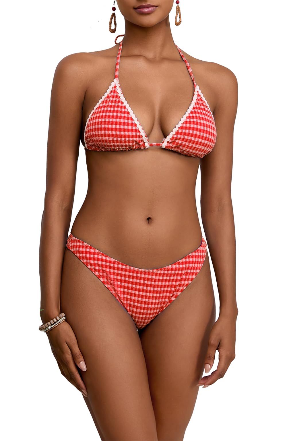 Women Sexy String 2 Piece Bikini Set Cheeky Halter Plaid Swimsuits