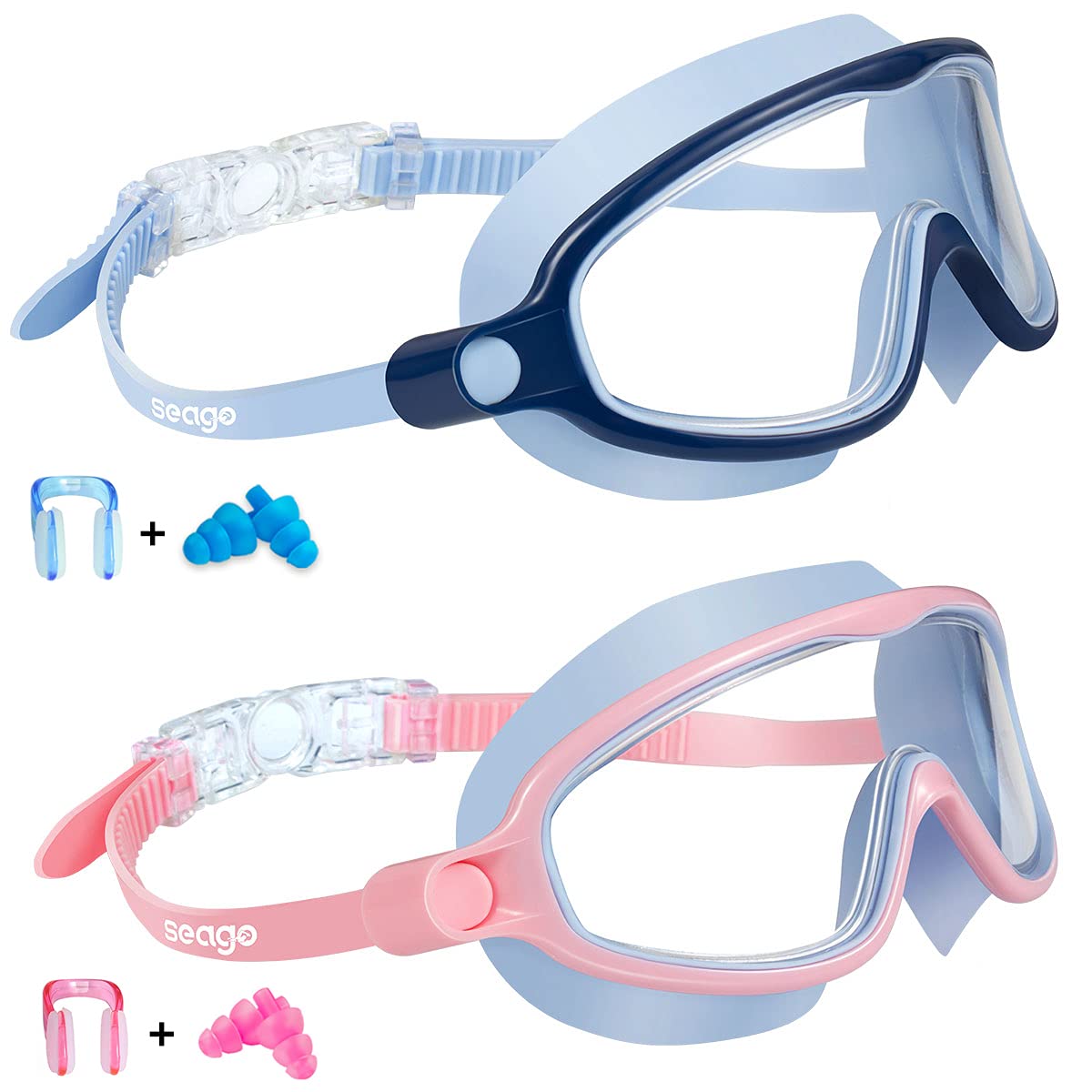 Seago Swim Goggles 2 Pack Anti-Fog Anti-UV Wide View Swimming Goggles for Kids 3-14