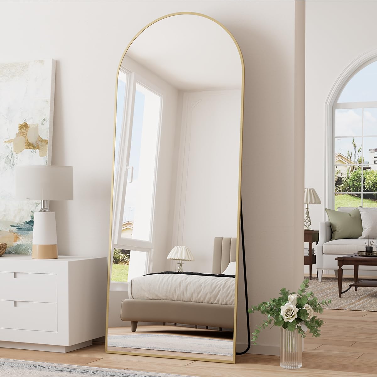 TinyTimes 64''x21'' Arched Full Length Mirror with Stand, Full Body Mirror, Mirrors Full Length Floor Freestanding, Wall Mounted Mirrors for Bedroom Living Room Cloakroom (Gold)