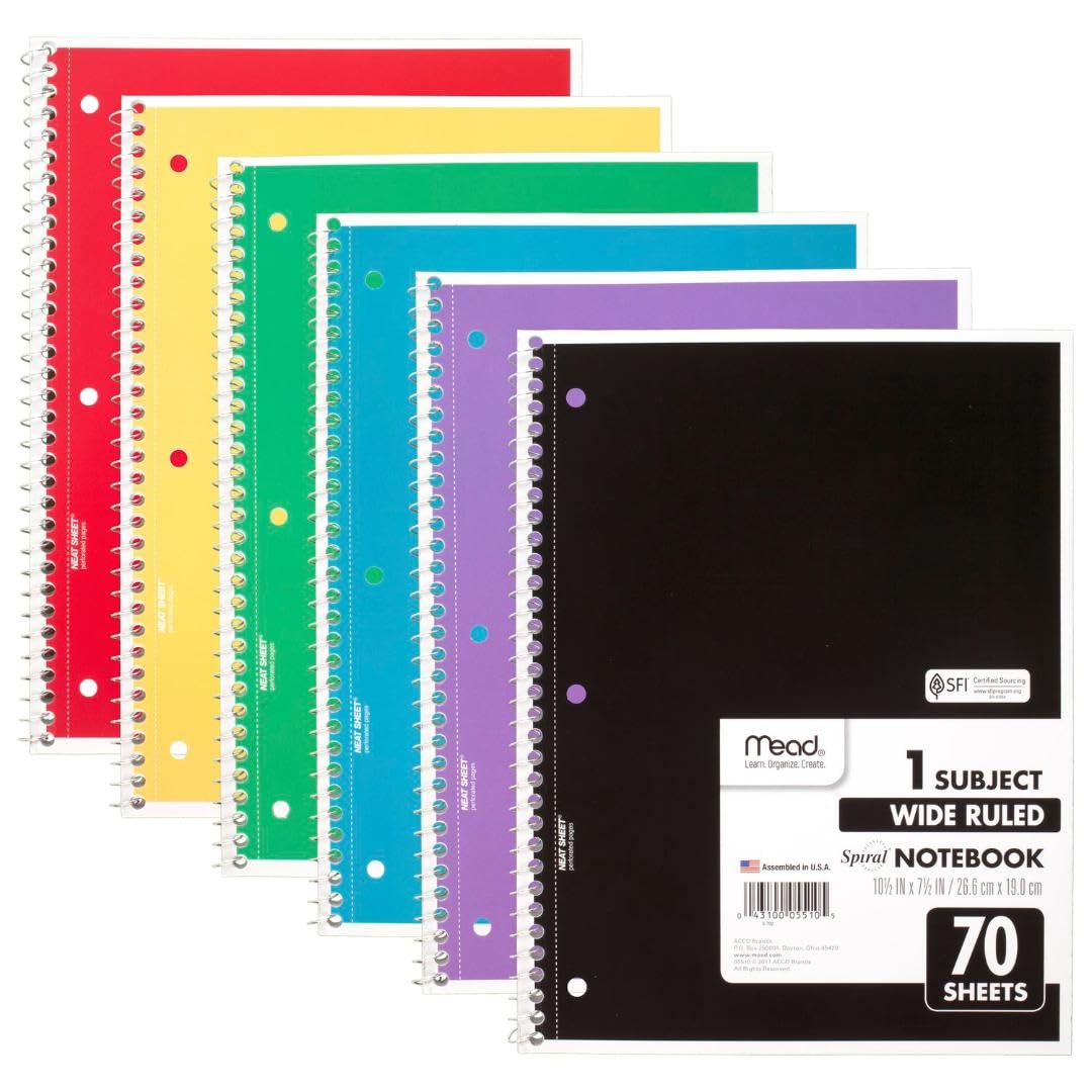 Mead Spiral Notebooks, 24 Pack, 1 Subject, Wide Ruled Paper, 7-1/2" x 10-1/2", 70 Sheets per Notebook, Color Will Vary (05510)