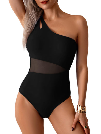 Limeeke Women One Piece Swimsuit One Shoulder Keyhole Bathing Suit Slimming Sexy Mesh Sheer Swimwear