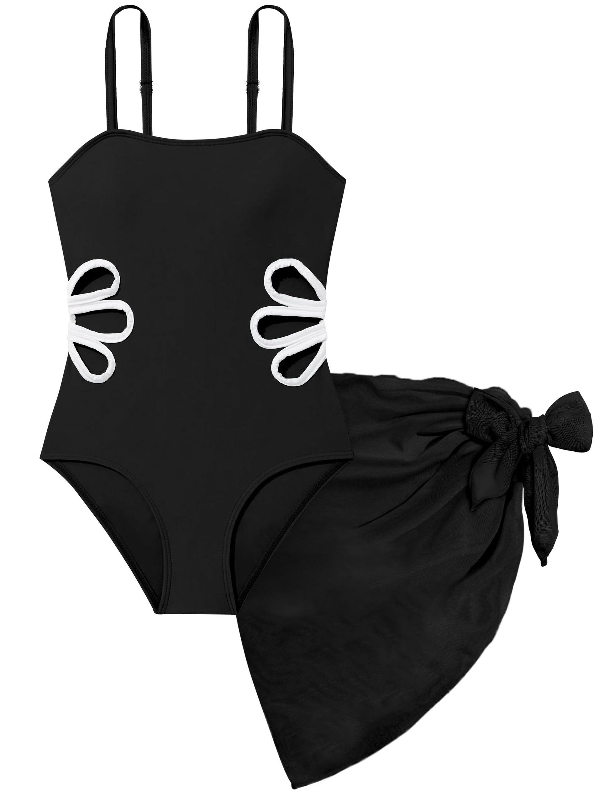 Girls Swimsuit, Adjustable Straps Cut Out One Piece Bathing Suit with Solid Color Cover Up Skirt Girls' Swimwear
