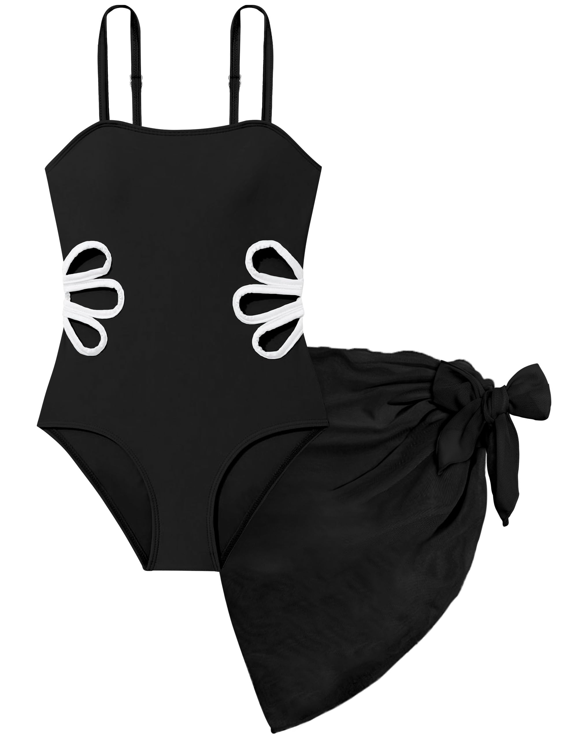 Girls Swimsuit, Adjustable Straps Cut Out One Piece Bathing Suit with Solid Color Cover Up Skirt Girls' Swimwear