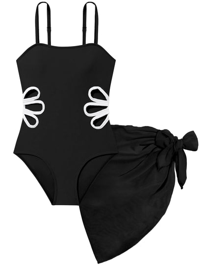 Girls Swimsuit, Adjustable Straps Cut Out One Piece Bathing Suit with Solid Color Cover Up Skirt Girls' Swimwear