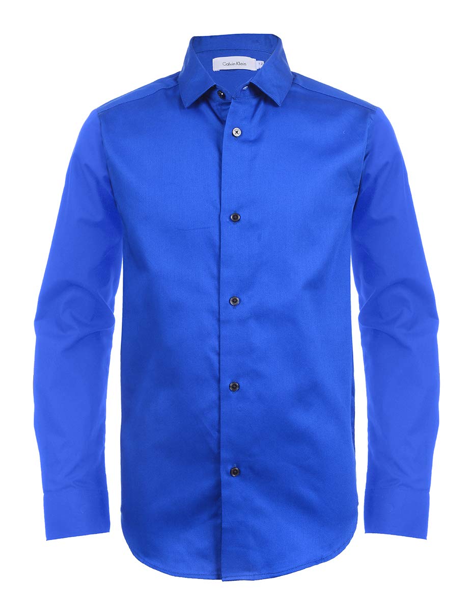 Calvin Klein Boys' Long Sleeve Sateen Dress Shirt, Button-Down Style with Cuffs & Shirttail Hem