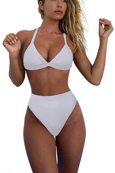 Women's Color Block Bikini Sets Sexy V Neck Adjustable Straps Triangle Bikinis High Waisted High Cut Bathing Suit 2 Piece