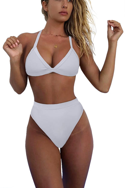 Women's Color Block Bikini Sets Sexy V Neck Adjustable Straps Triangle Bikinis High Waisted High Cut Bathing Suit 2 Piece