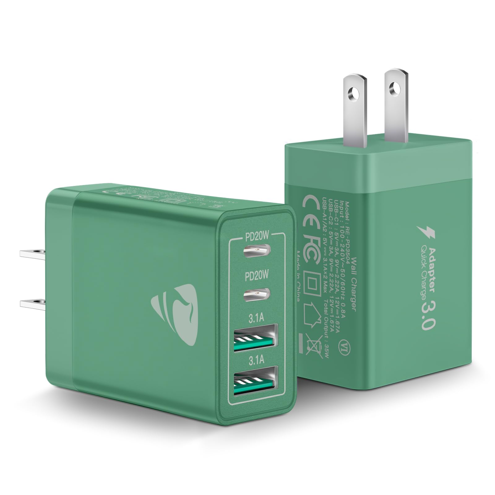 [2-Pack] USB C Wall Charger, 40W Fast USB C Charger Block, 4-Port PD Power Adapter + QC Wall Plug Multiport Type C Charging Block Cube Compatible with iPhone 16 15 14 13 12 11 Pro Max XR XS 8, Samsung