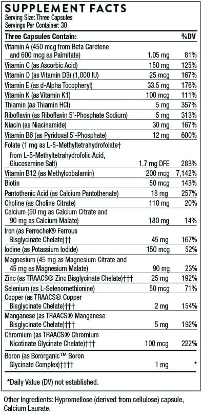 THORNE - Basic Prenatal - Well-Researched Folate Multi for Pregnant and Nursing Women Includes 18 Vitamins and Minerals, Plus Choline - 90 Capsules - 30 Servings