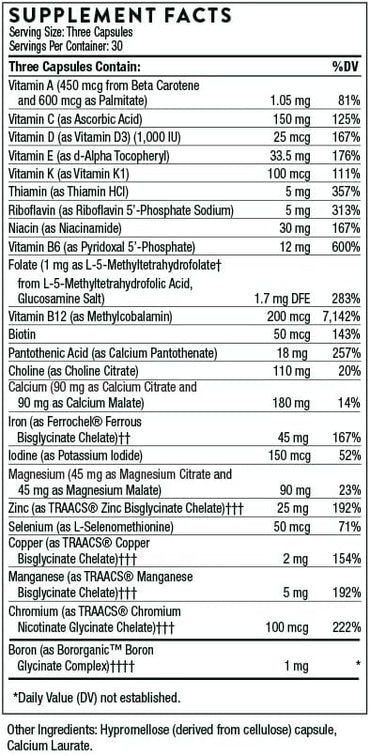 THORNE - Basic Prenatal - Well-Researched Folate Multi for Pregnant and Nursing Women Includes 18 Vitamins and Minerals, Plus Choline - 90 Capsules - 30 Servings