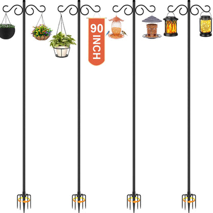 Double Shepherds Hooks for Outdoor,2 Pack 90 Inch Bird Feeder Pole with 5 Prongs Base,Heavy Duty Shepherds Hook,Suitable for Garden in Hanging Flower Basket,Lantern,Bird Nests (90 Inch)
