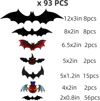 93PCS Halloween Bats Decoration, 7 Different Sizes 3D Bats Wall Decor Reusable PVC Black and Red Scary Bat Sticker for Halloween Party Supplies Creepy Home Bathroom Decor