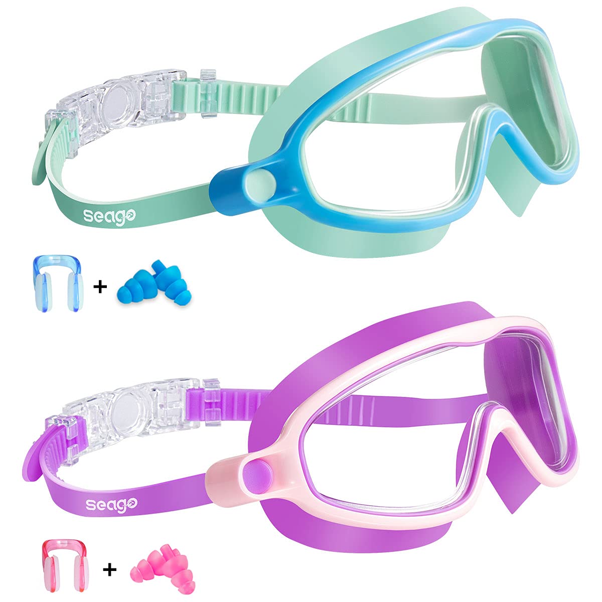 Seago Swim Goggles 2 Pack Anti-Fog Anti-UV Wide View Swimming Goggles for Kids 3-14