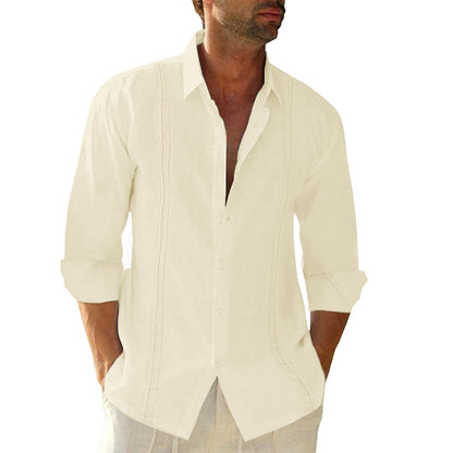 Button Down Linen Shirts for Men Casual Long Sleeve Regular Fit Cotton Beach Shirts with Pocket