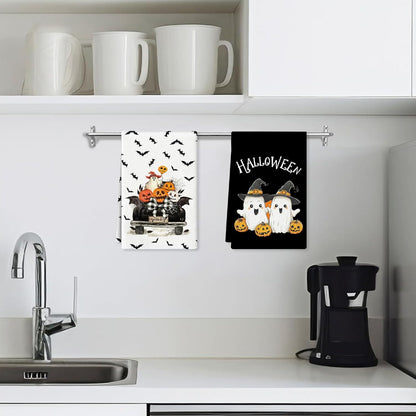 4 Pcs Halloween Kitchen Towels 15.7x23.6 Inches Funny Hand Towels for Bathroom Spooky Boo Ghost Halloween Bathroom Decortions Pumpkin Bat Ghost Truck Dish Cloths Housewarming Gift for Home Wall Decor