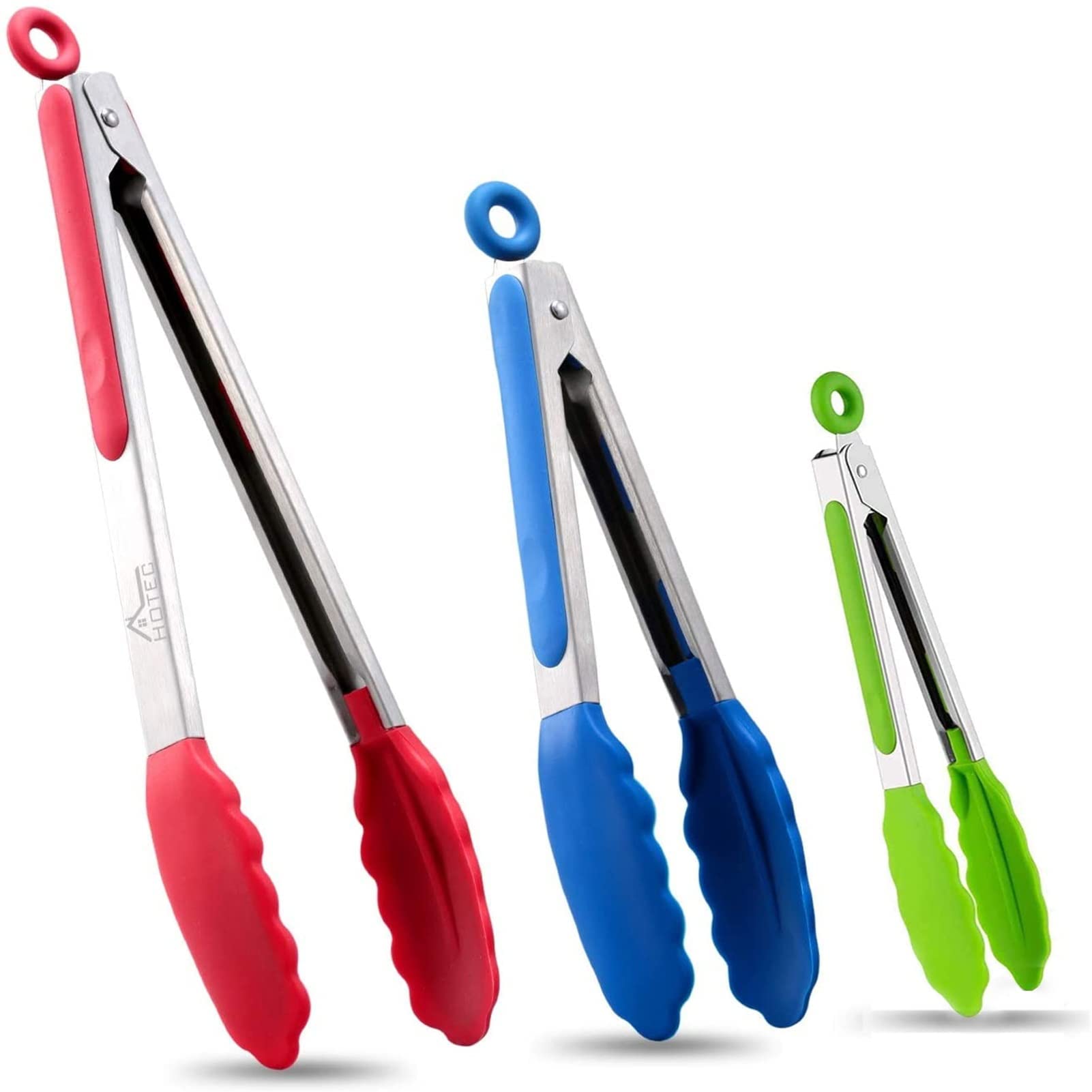HOTEC Premium Stainless Steel Locking Kitchen Tongs with Silicon Tips, Set of 2-9" and 12"