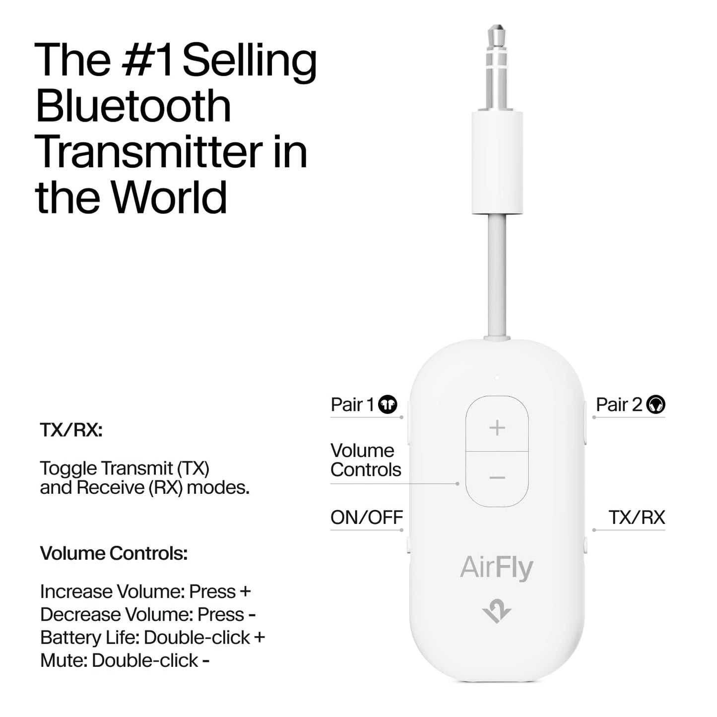 AirFly Pro 2 Deluxe – Bluetooth Adapter for Airplane, Pair 2 AirPods or Wireless Headphones – 3.5mm AUX Bluetooth Transmitter/Receiver for Cars, Boats, Treadmills, TVs – Airplane Travel Essentials