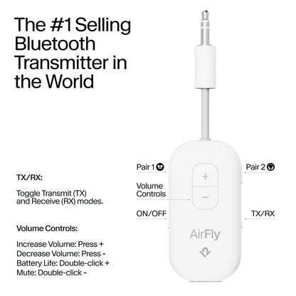 AirFly Pro 2 Deluxe – Bluetooth Adapter for Airplane, Pair 2 AirPods or Wireless Headphones – 3.5mm AUX Bluetooth Transmitter/Receiver for Cars, Boats, Treadmills, TVs – Airplane Travel Essentials