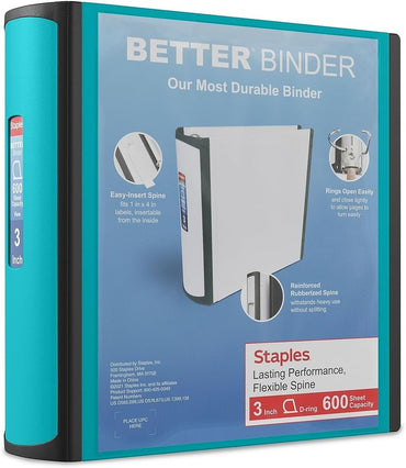 STAPLES 3 Inch BetterView Binder with D-Rings (Teal)