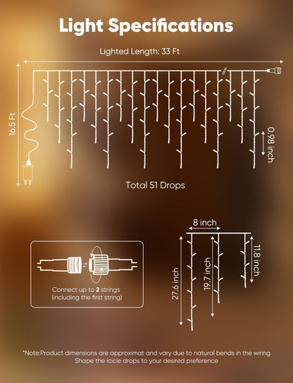 Brightown Icicle Christmas Lights Outdoor, 33FT 1020 LED Cluster Icicle Lights with 51 Drop,12 Mode, Connectable Firecracker Light with Timer, Waterproof Christmas Light Outdoor, Warm White