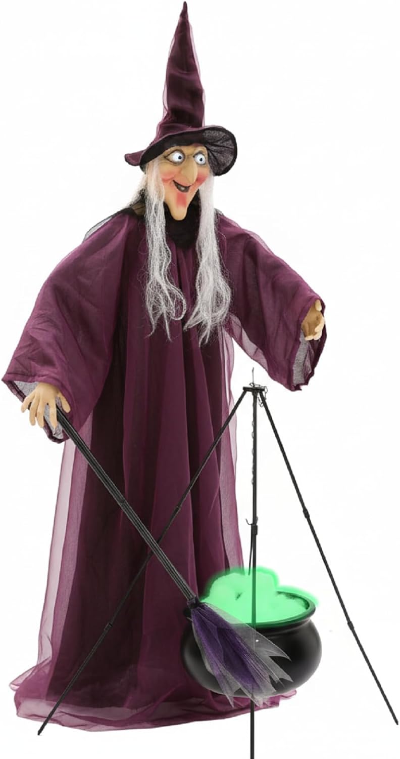 3 Pcs 71" Halloween Hanging Witch Decorations Set LED Large Outdoor Ghost with Cauldron, Sound Activated Talking Animated Prop with Broom, Tripod Outdoor Halloween Decor for Yard Lawn Garden