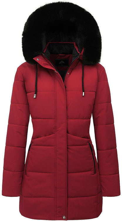 MOERDENG Women's Winter Puffer Coat Thicken Fleece Lined Down Jacket Waterproof Faux Fur Detachable Hooded Parka