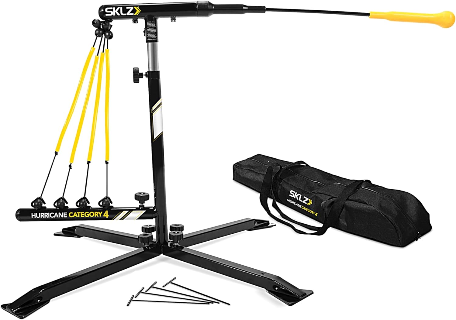 SKLZ Hurricane Batting Swing Trainer for Baseball & Softball - Durable Swing Arm - 4 Power Band System - High-Visibility, Anti-Dent Target Ball Head - Screw-in Base Legs, Metal Stakes & Carry Bag