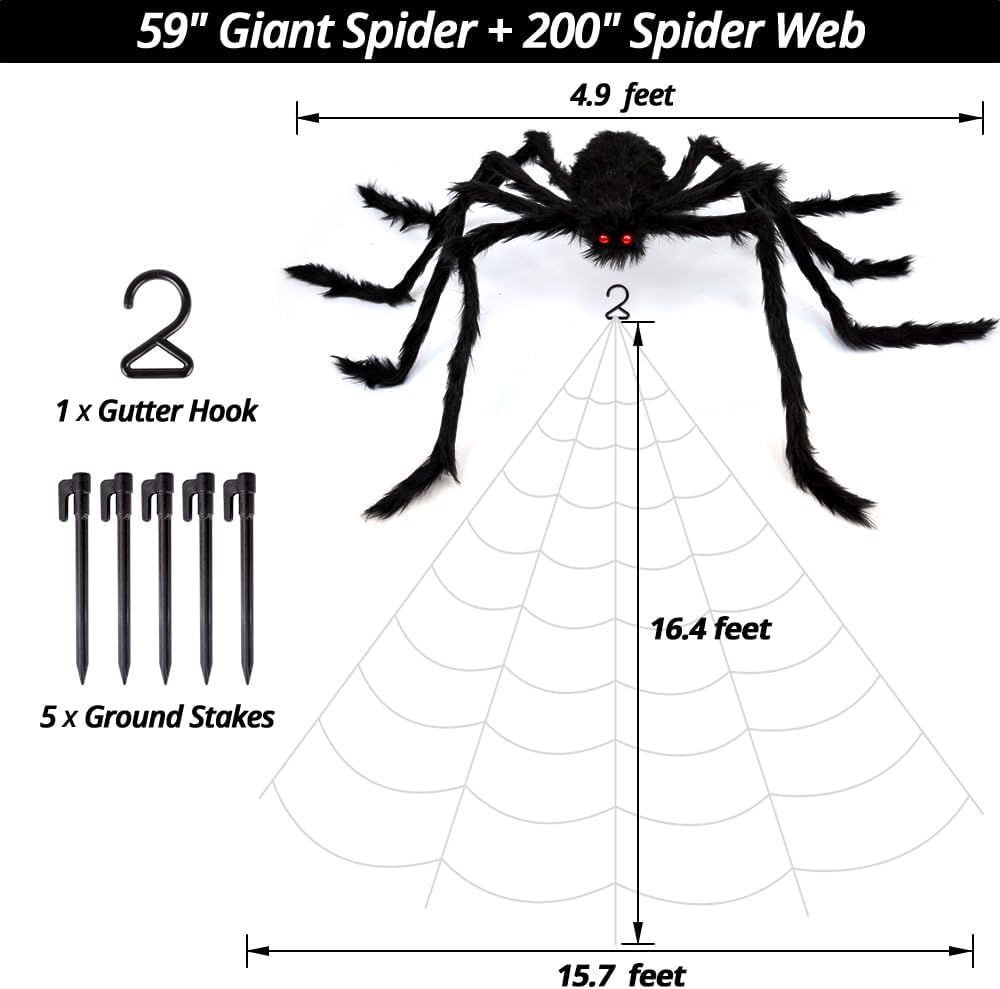 OCATO 200" Halloween Spider Web + 59" Giant Spider Decorations Fake Spiders with Triangular Huge Spiders Web for Indoor Outdoor Halloween Decorations Yard Home Costumes Parties Haunted House Décor