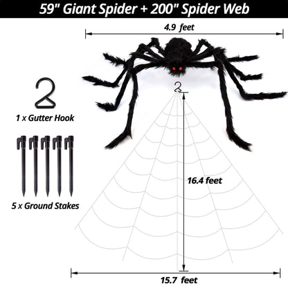OCATO 200" Halloween Spider Web + 59" Giant Spider Decorations Fake Spiders with Triangular Huge Spiders Web for Indoor Outdoor Halloween Decorations Yard Home Costumes Parties Haunted House Décor